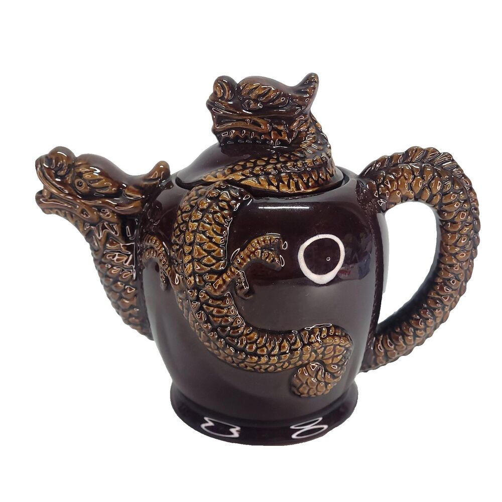 vtg dragon ware teapot 6" brown japan fu dog Asian decor dragons